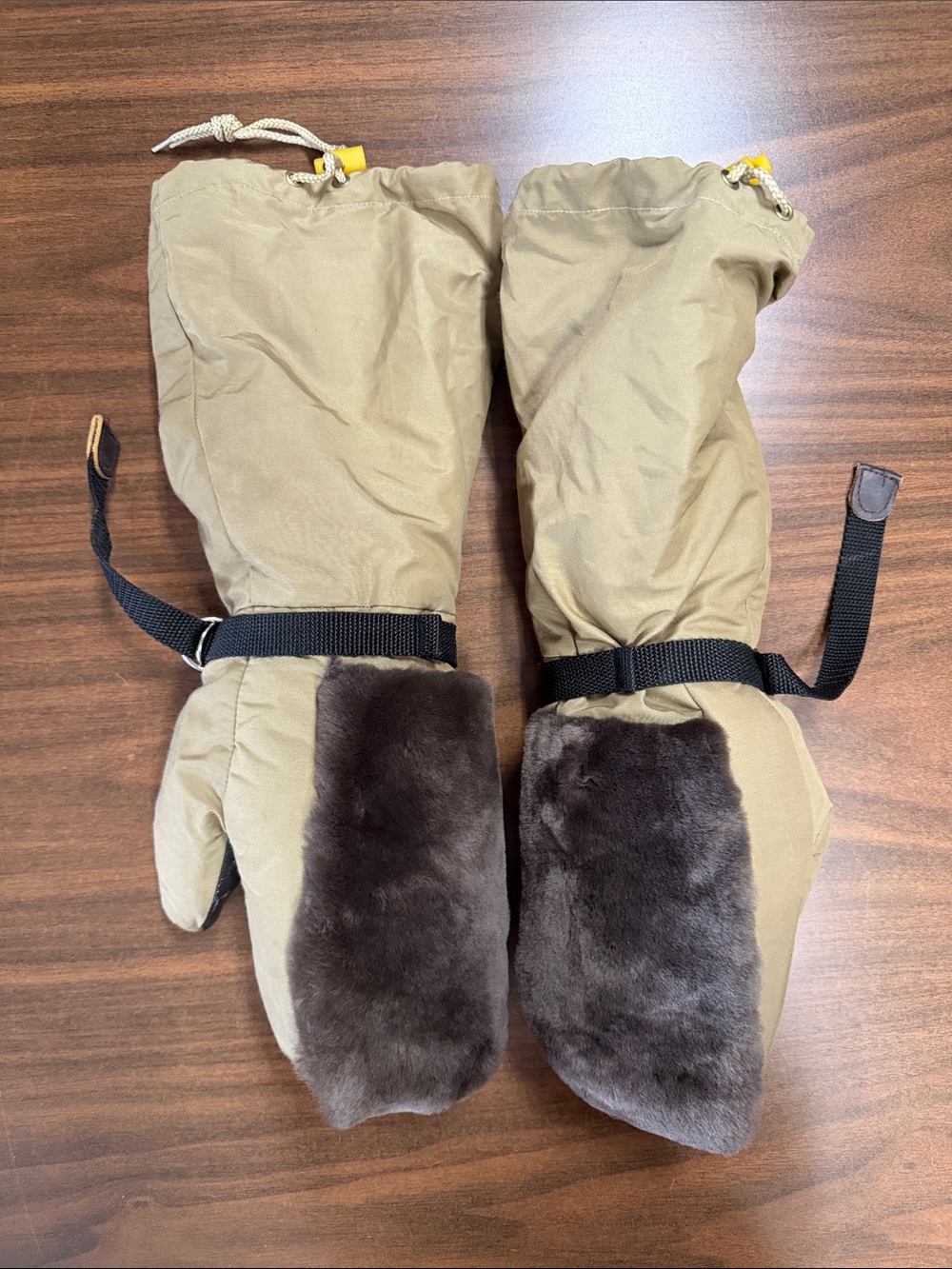 Eddie Bauer Tan Mittens with Dark Brown Faux Fur Cuffs